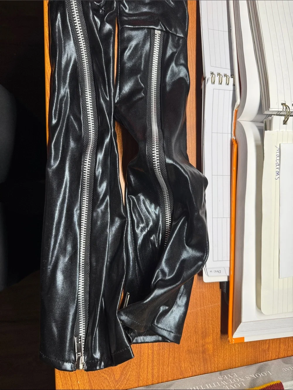 Long Black Faux Leather Gloves with Silver Zippers